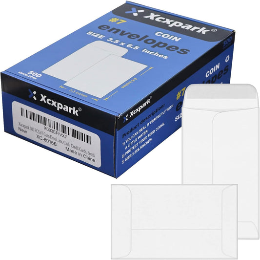 500 PCS #7 Coin Envelopes, 3.5 x 6.5 inches White Kraft Envelopes Classic Small Parts Envelopes with Self Adhesive Gummed Flap for Coins, Cash, Credit Cards, Seeds