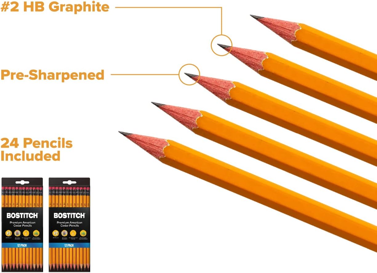 Bostitch Office Premium #2 Pencils, American Cedar Wood, Pre-Sharpened, HB Graphite, 24-Pack (BACP12Y-2PK)