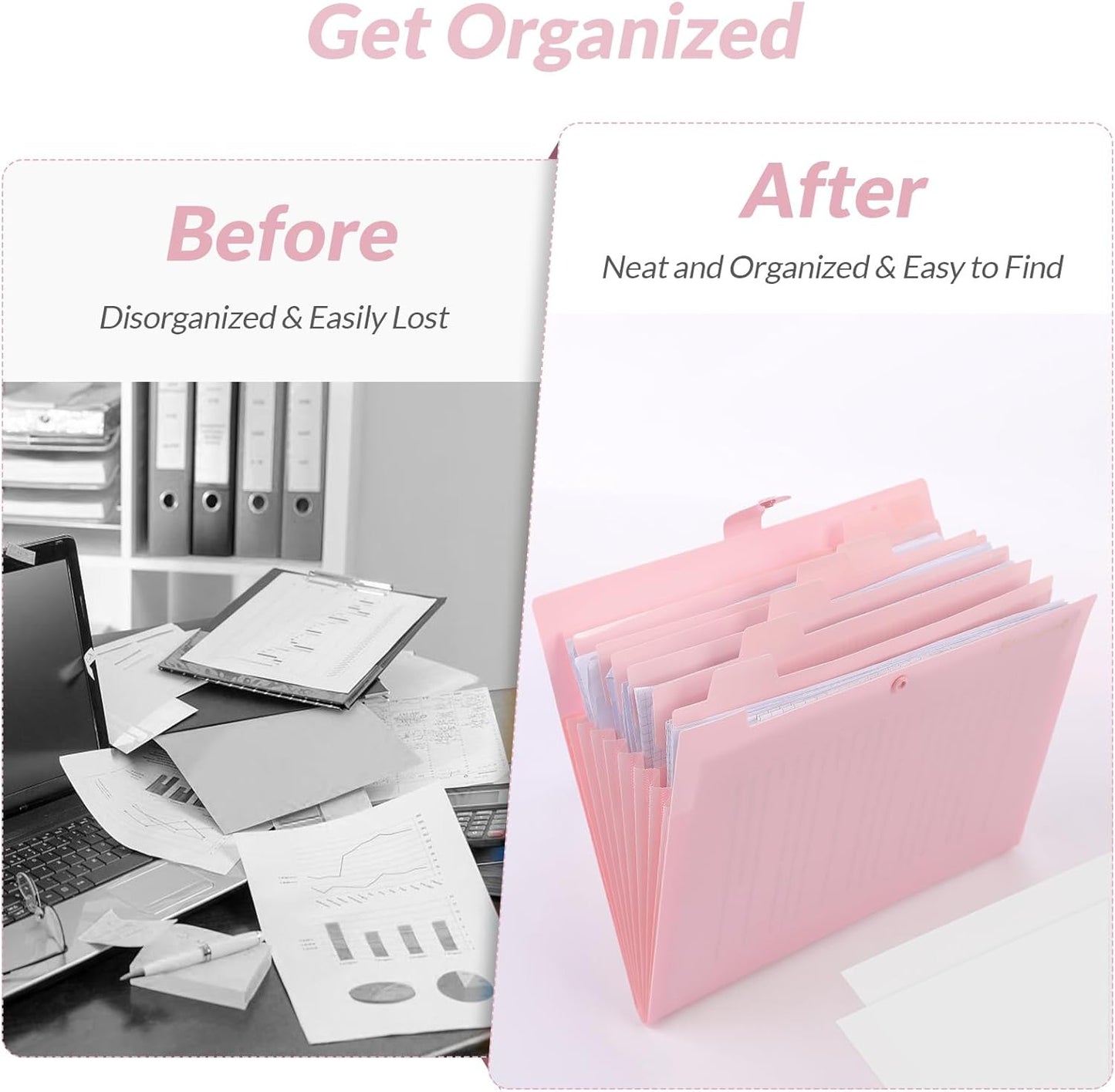 SKYDUE Expanding File Folder, Accordion File Organizer with 8 Pocket & Inner Card Pocket, Expandable Document Paper Receipt Holder for School Office Hospital, Letter/A4 Size Pink