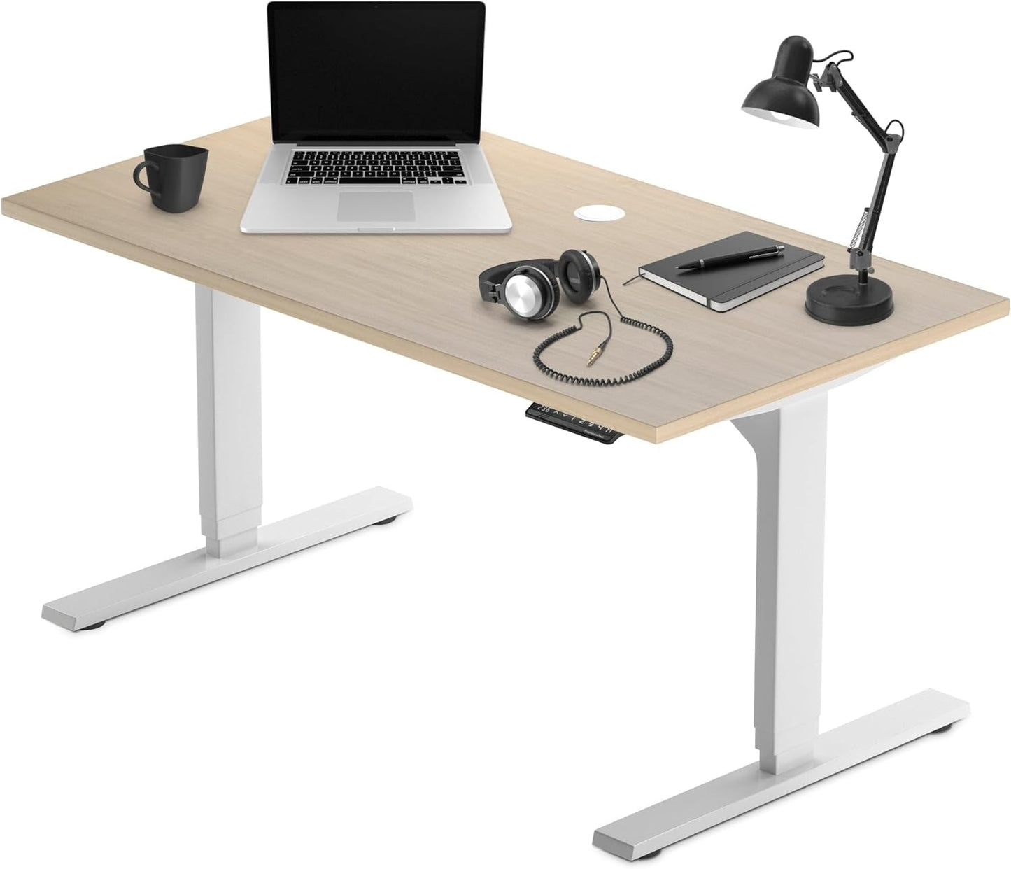 Progressive Desk Stand Up Height Adjustable Electric Standing Desk - 48" x 30" with Dual Motor, 3 Stages Sit Stand Table - Bright Beech, White Frame