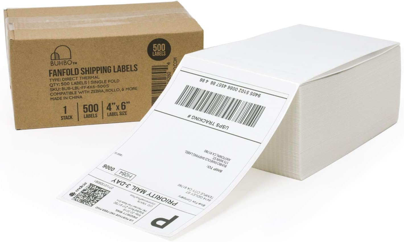 Buhbo 4" x 6" Direct Thermal Labels - Perforated BPA Free - Compatible with Zebra & Rollo Printer - Commercial Grade Shipping (500 Fanfold Labels)