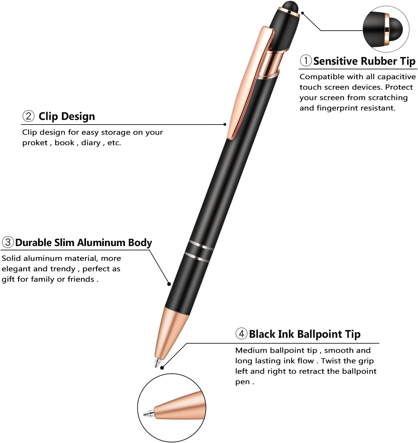 Aozora 9 Pack Ballpoint Pens Smooth Writing 2-in-1 Stylus Retractable Ballpoint Pen with Stylus tip, Office Decor Metal Stylu Pen for Touch Screens, 1.0 mm Black Ink (Black)