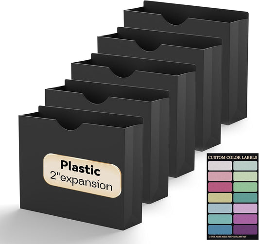 Plastic 2 Inch File Jackets Letter Size,12 Pack Reinforced Manilla Pocket Folders,Upgrade Material,Poly Expandable File Jacket,Heavy Duty Expansion Pocket Files with Straight Cut Tabs,Black