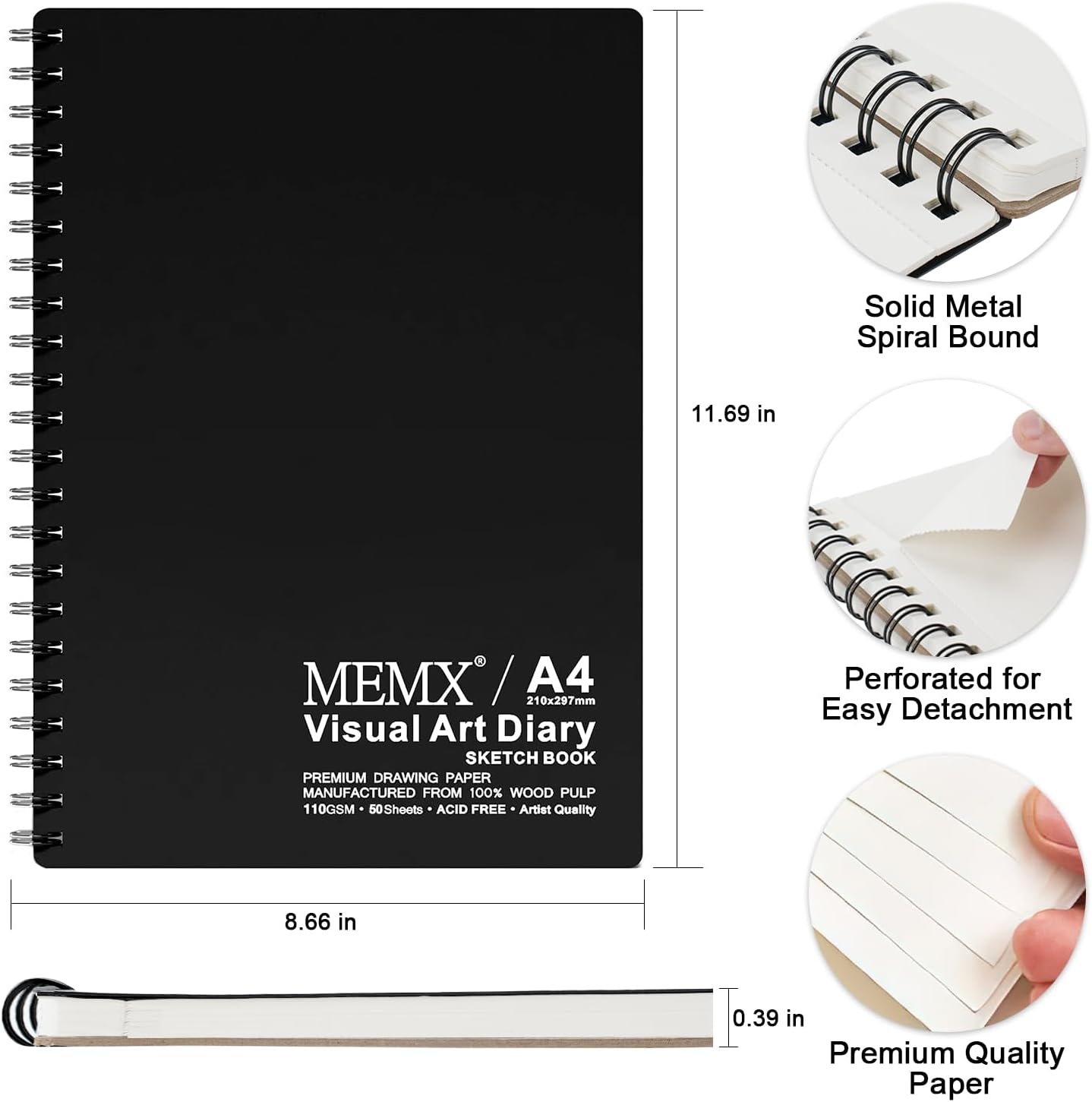 MEMX Poly Cover Sketch Book, 8.5”X11.5” 100 Pages (110gsm), Spiral Bound Artist Sketch Pad Notebook, Durable Acid Free Drawing Paper for Drawing, Writing, Painting, Sketching or Doodling, White