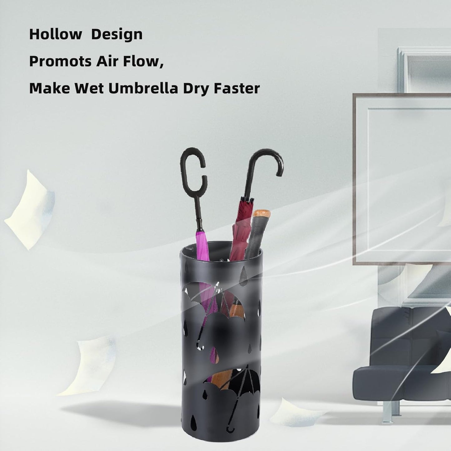 Umbrella Stand Rack for Entryway, Black Round Metal Umbrella Holder, Free Standing Umbrella Organizer Bin with 3 Hooks for Walk Stick, Home Office Indoor, 17 x 7 Inch