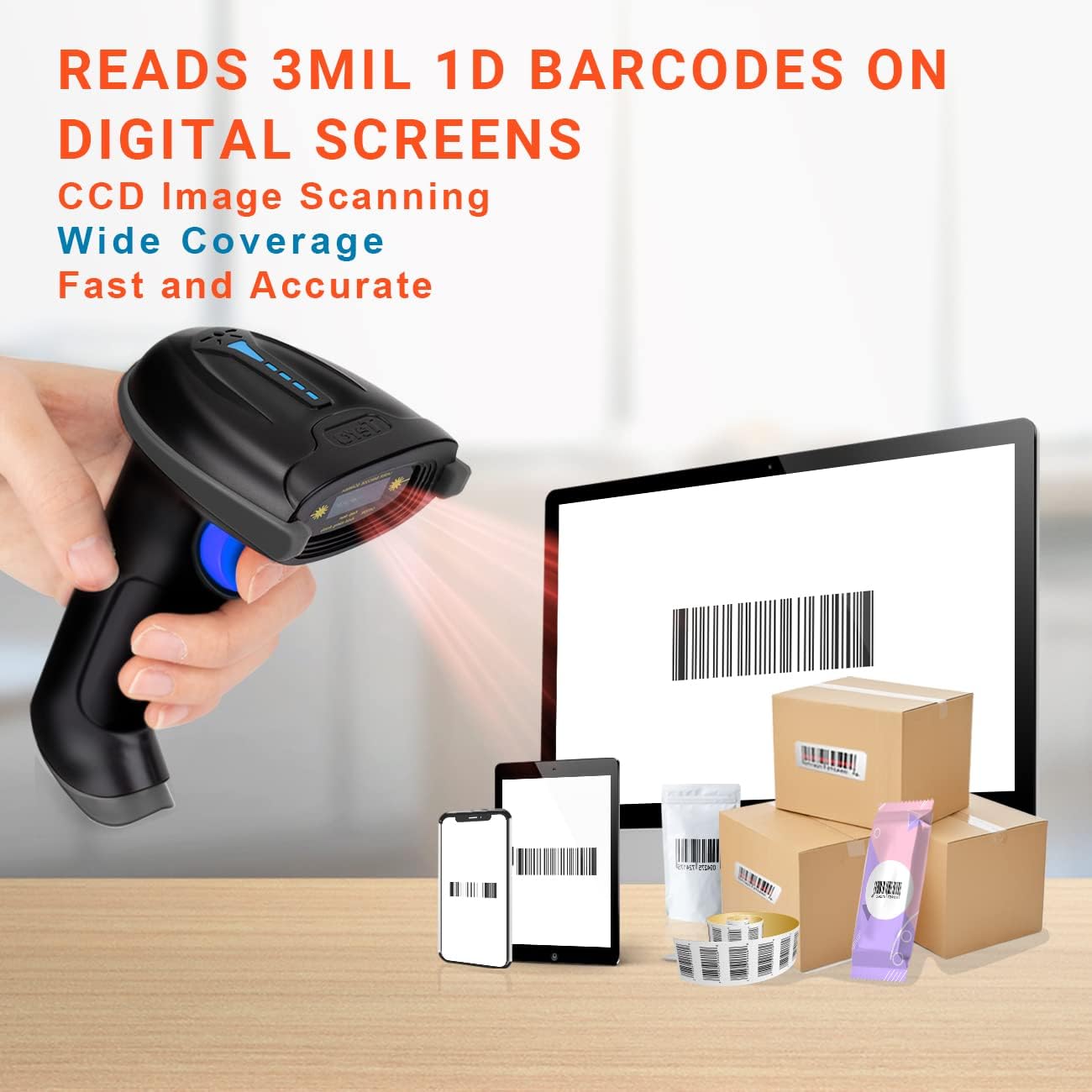 Tera Pro 1D Wireless Barcode Scanner 3 in 1 Bluetooth & 2.4G Wireless & USB Wired CCD Cordless 2500 Pixel Bar Code Reader with Battery Level Indicator for Windows Mac Android iOS Model T5100C