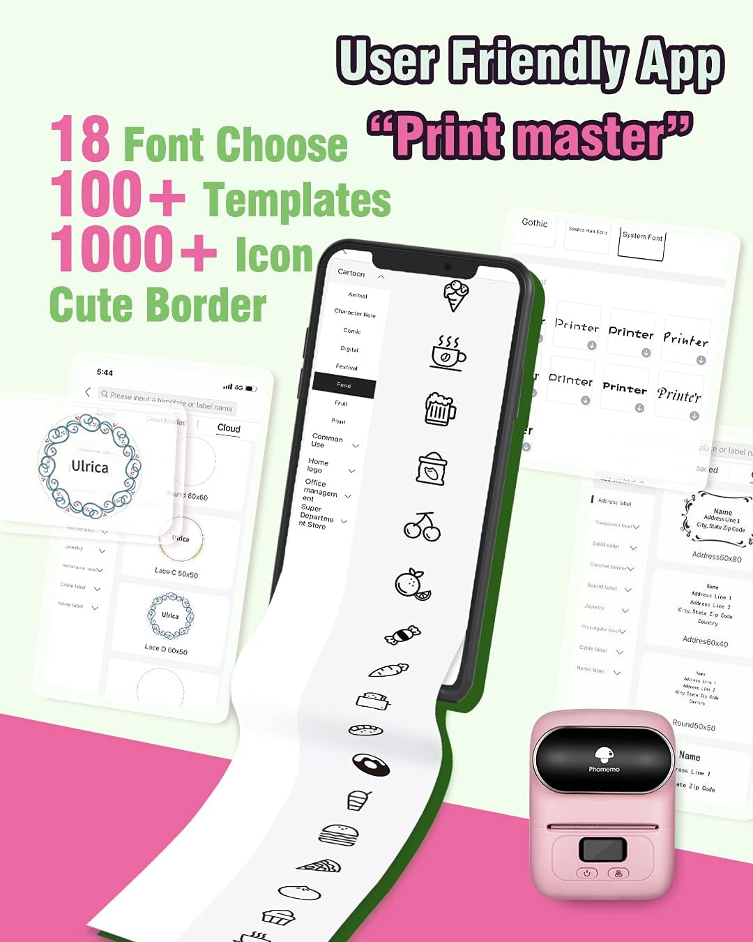 Phomemo M110 Label Maker Machine- with 3 Label Bluetooth Label Maker for for Business Labeling, Barcode, Office, Cable, Retail, with Fonts Choose, Icons, Templates, Pink