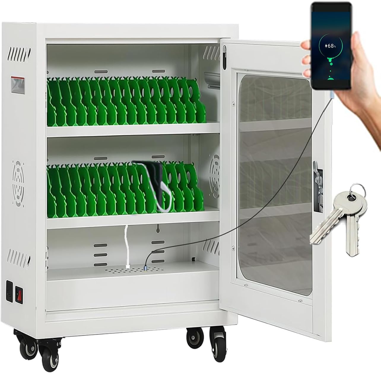 30 Device Cell Phone Charging Stations, Mobile Phone Charging Cabinet, Cellphone USB Charging Cart, Rechargeable Cellphone Locker Storage Charging Station (White, 30 Slots)