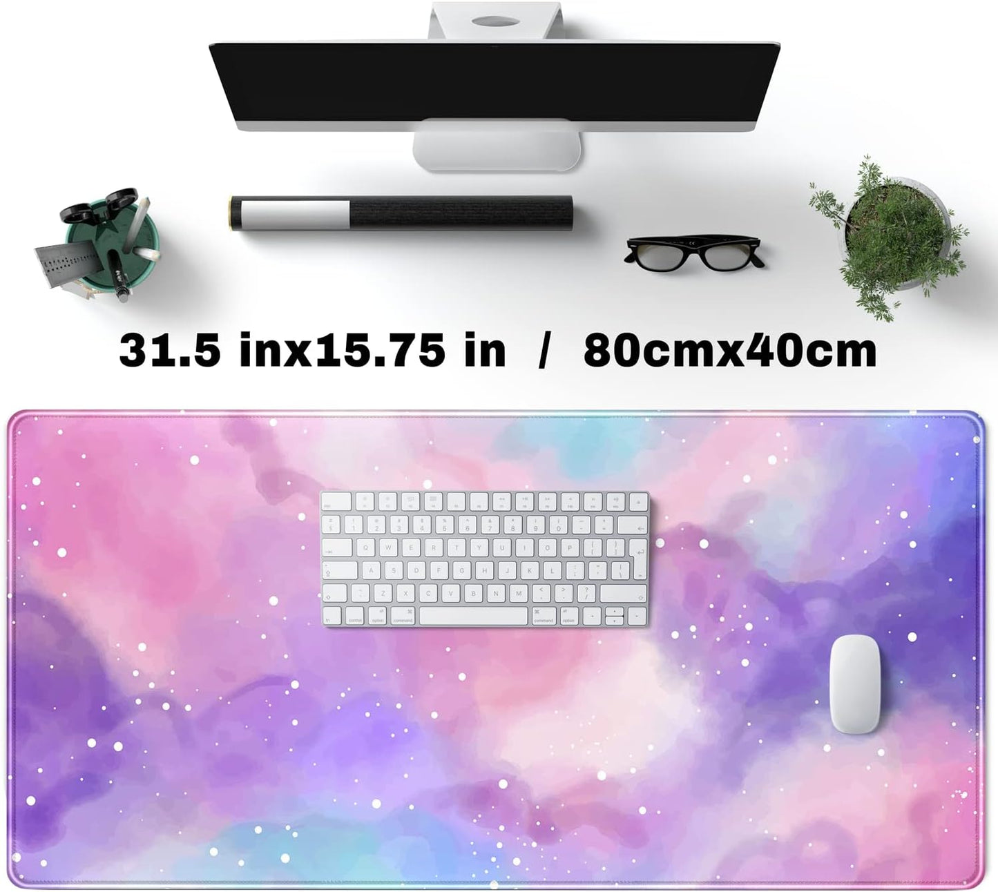 Desk Pad Purple Starry Sky Cute Gaming Mouse Pad Galaxy Gamer Girl Cute Pink Desk Decor Keyboard Desk Mat, Stitched Edges Desktop with Stitched Edges Non-Slip Large Computer Mat 31.5x15.7 in