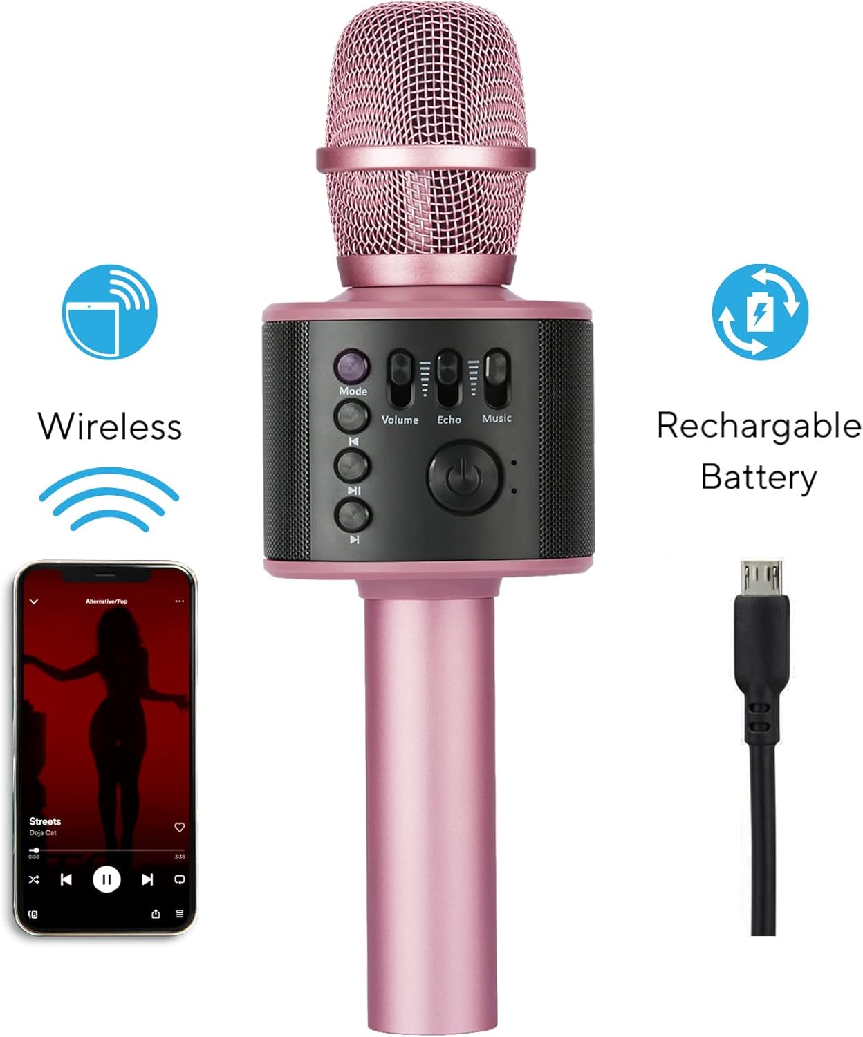 Core Innovations Wireless Bluetooth Karaoke Microphone with Built-in Speakers + HD Recording, Portable Handheld Mic | Rose Gold