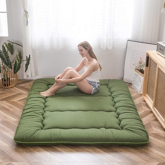 MAXYOYO Japanese Floor Mattress Futon Mattress, Thicken Sleeping Pad Foldable Roll Up Floor Futon for Adults Tatami Mat Dormitory Bed Lounger, Green, Full Size