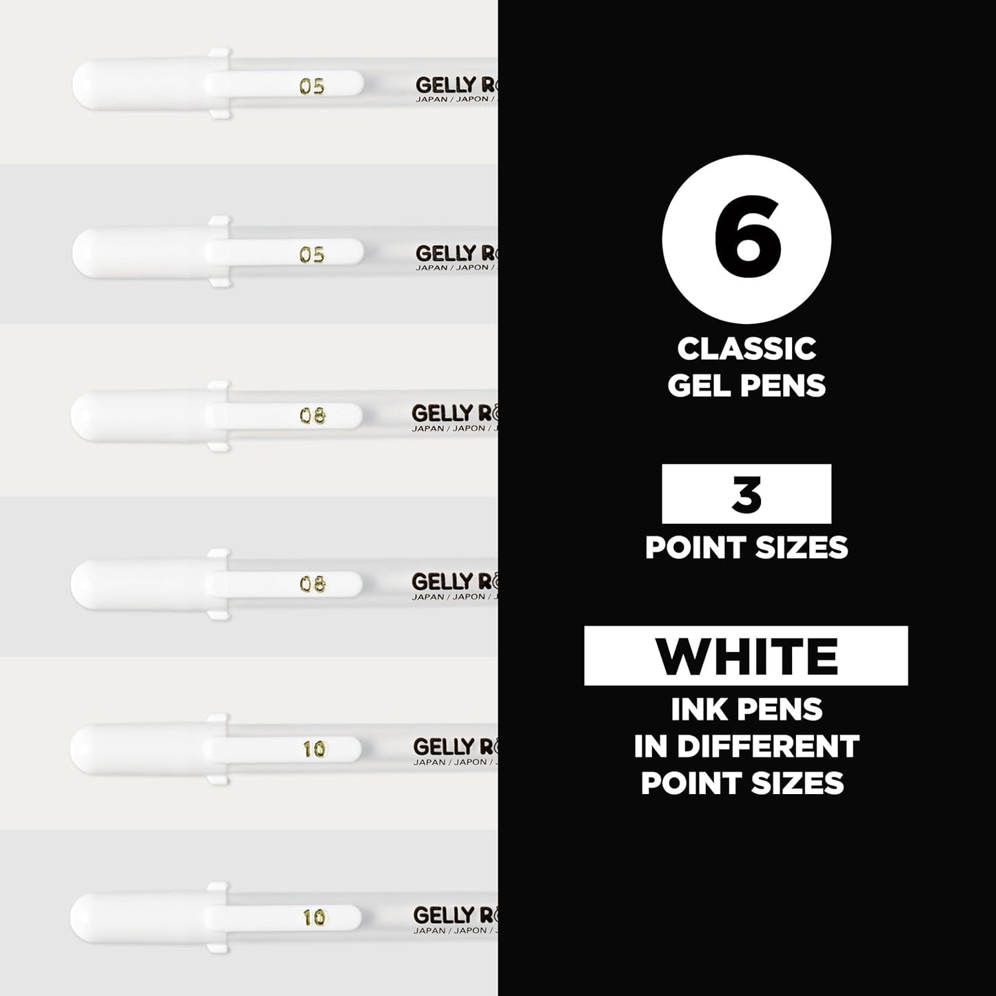 SAKURA Gelly Roll Gel Pens - Fine, Medium & Bold Tip Ink Pens for Journaling, Art, or Drawing - Classic White Ink - 05/08/10 Assorted Tip Sizes - 6 Pack