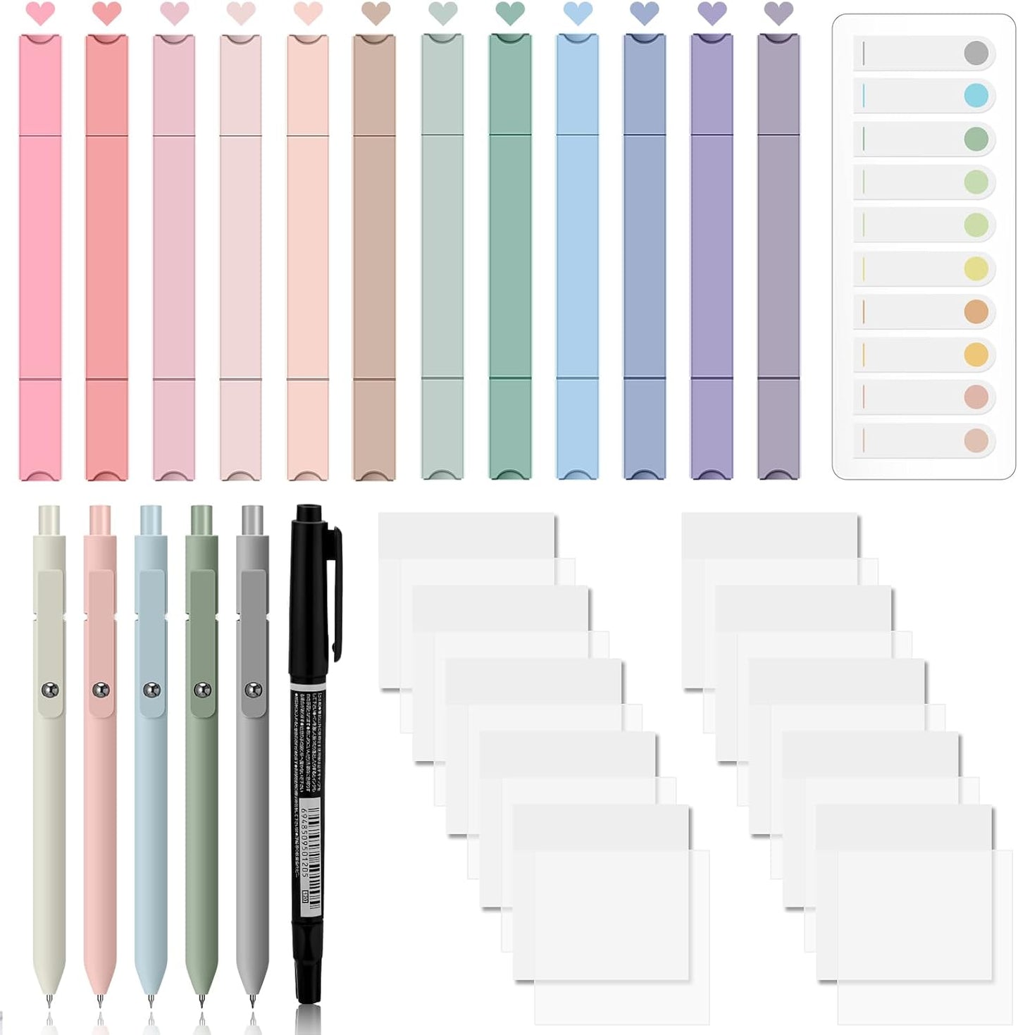 Jutom 38 Pcs Book Annotation Kit Aesthetic Highlighters Gel Pens Set Sticky Notes Tabs Markers Dual Ended Highlighter Quick Dry Ink Pens for Office Annotating Books(Clear,Square)