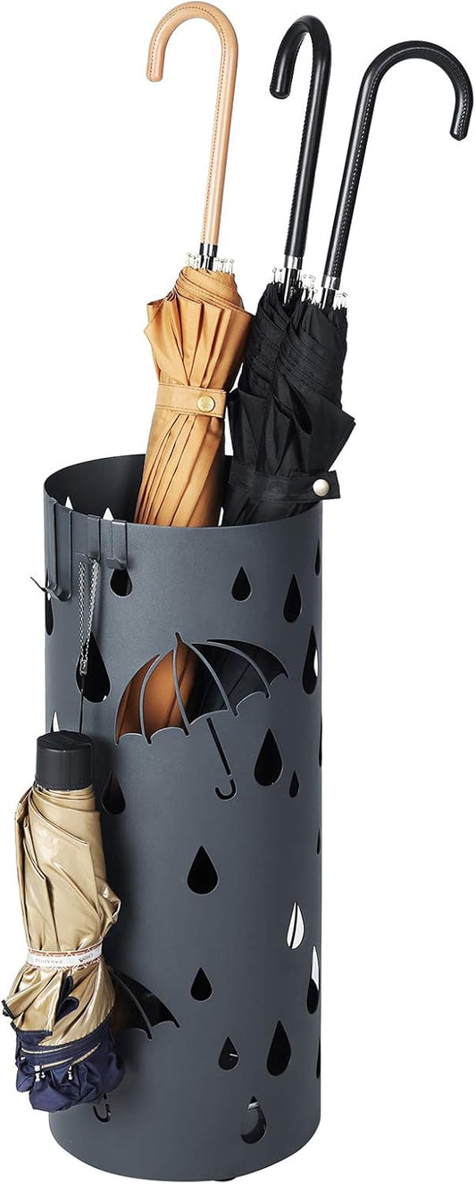 SONGMICS Umbrella Stand, Metal Umbrella Holder for Entryway, with Water Tray and 4 Hooks, 7.7 x 7.7 x 19.3 Inches, Round, Anthracite Gray ULUC23AG