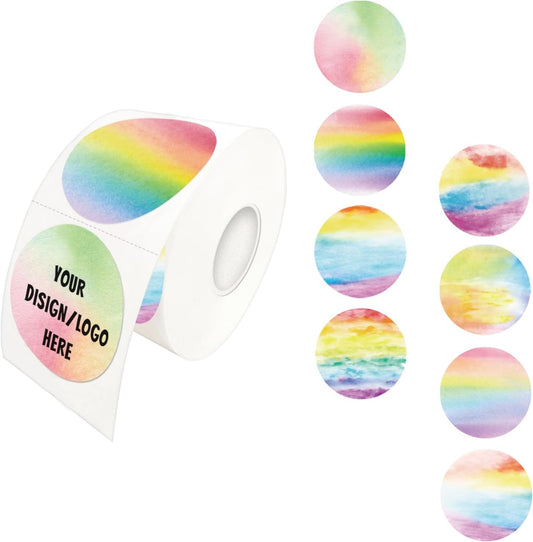 1.5 Inch Rainbow Round Thermal Sticker Labels, Self-Adhesive Circle Direct Thermal Labels, Multi-Purpose Roll Sticker Labels for DIY Logo Design with Perforation Line（ 500 Labels，1 Roll）