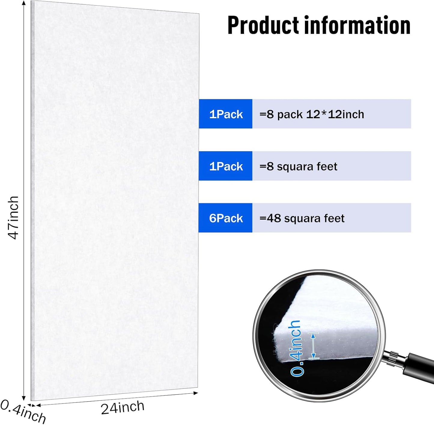 Frienda 6 Pack Large Acoustic Panels 47 x 24 x 0.4 Inch Fabric Wrapped Sound Proof Self-adhesive High Density Foam Panels for Recording Studio Acoustical Treatments Home Office(White)