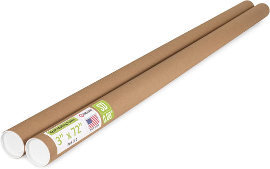 3" x 72" Reinforced Kraft Paper Mailing Tube, Pack of 2 Tubes with 4 Caps – Secure USPS Approved Poster Tube – Cardboard Tube for Shipping and Storing Posters, Prints, Artwork, or Documents