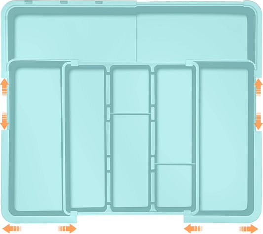 Large Utensil Drawer Organizer Expandable Silverware Organizer for Kitchen Drawer Adjustable Cooking Utensil Holder Cutlery Flatware Tray Spatula Tools Gadgets Storage Dividers Plastic Turquoise