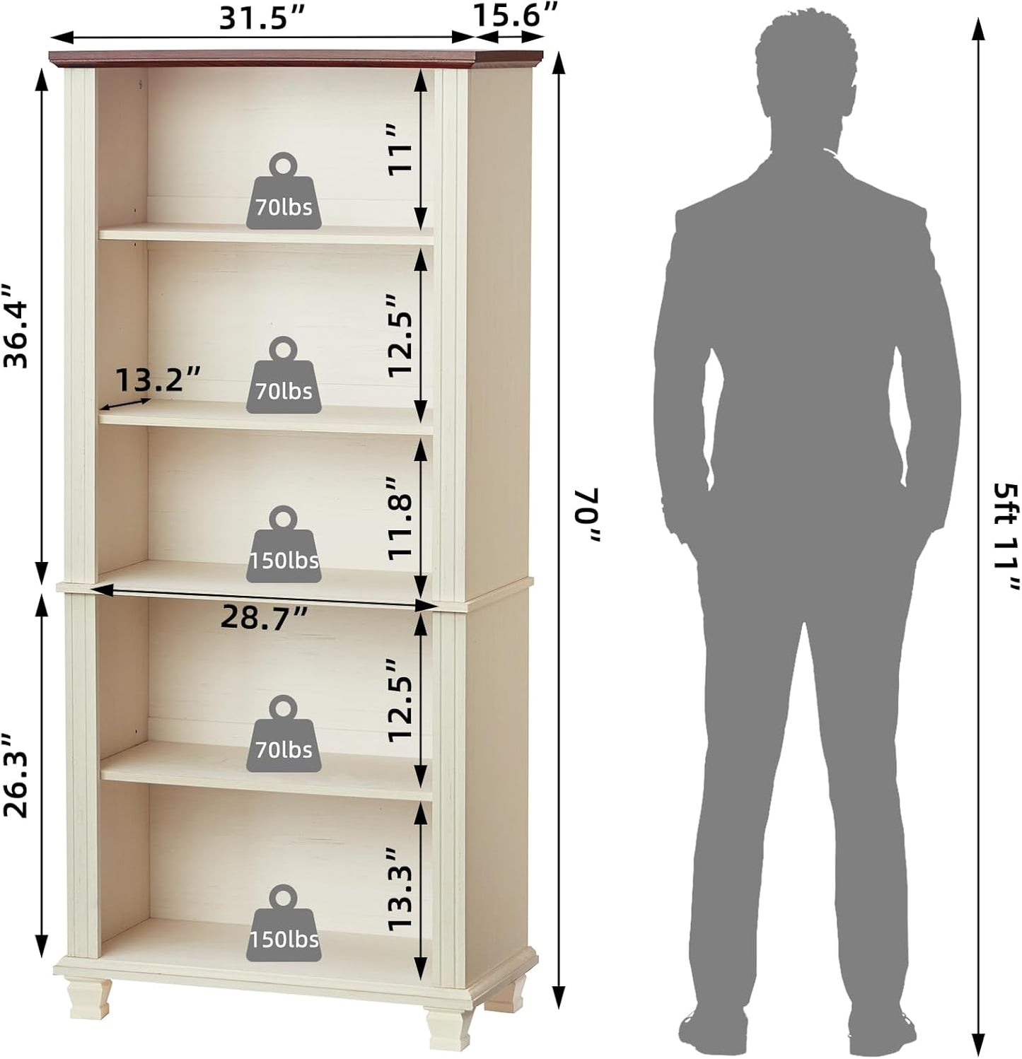 70" Tall White Bookshelf,5 Tier Wood Book Shelf with Adjustable Shelves & Wood Legs,Free Standing Farmhouse Bookcase with Open Display Storage,Vintage Kids Bookshelves for Nursery,2PCS