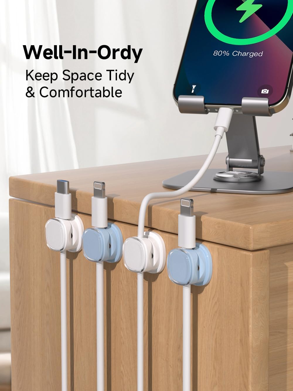 Magnetic Cable Clips, Adjustable Cord Holder Management, Adhesive Wire Keeper Organizer for Home Office Desk Phone PC Car Wall Desktop Nightstand Appliance (9-PCS White & Blue)