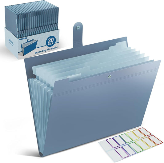 20Pack Accordion File Organizer Expanding File Folder with 8 Pockets, Bulk Letter Size Portable Paper Document Organizer for Office Home Business Supplies, Blue