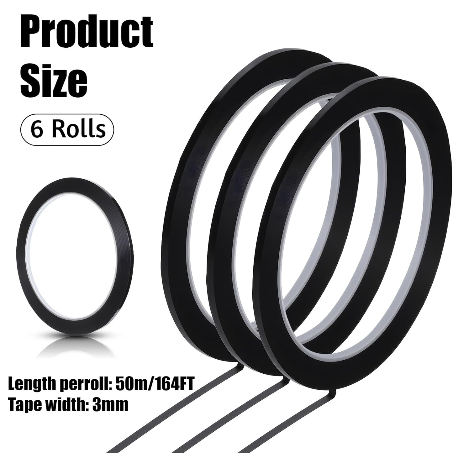 6 Rolls Black Whiteboard Grid Marking Tape, 3 mm Width Pinstripe Tapes 164 Feet Thin Dry Erase Tapes Self Adhesive Graphic Tape for Art Crafts Electrical Office