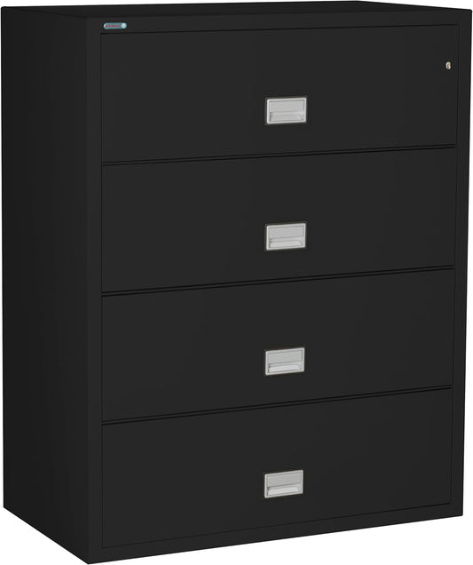 44 inch Wide 4-Drawer Lateral Fireproof File Cabinet – Legal and Letter Size Filing – Key Lock – Water Resistant – Fire Safe and Impact Rated – Black Finish – Model LAT4W44B
