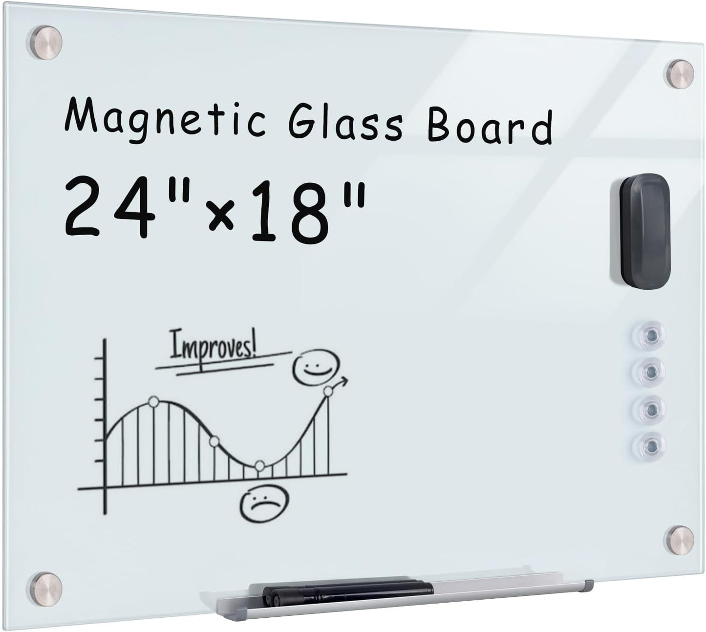 Magnetic Glass Whiteboard，24"x18" Wall Mounted Frameless Dry Erase Board for Office, Home & School White