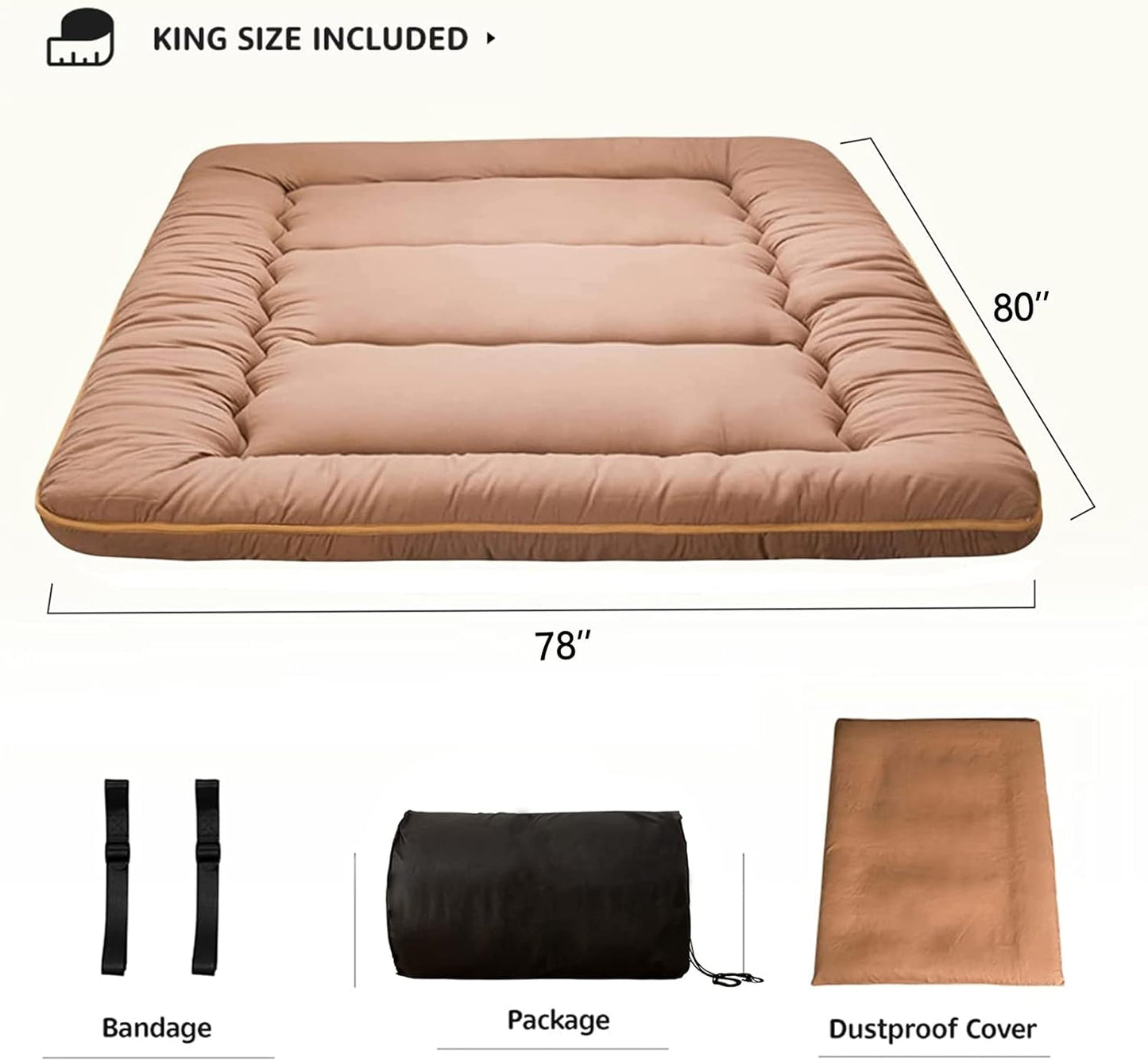 Japanese Shiki Futon Mattress Floor Mattress Thicken Tatami Mat Sleeping Pad Roll Up Mattress Floor Lounger Bed Folding Couch Bed Mattress Pad for Guest Room, Light Brown, King