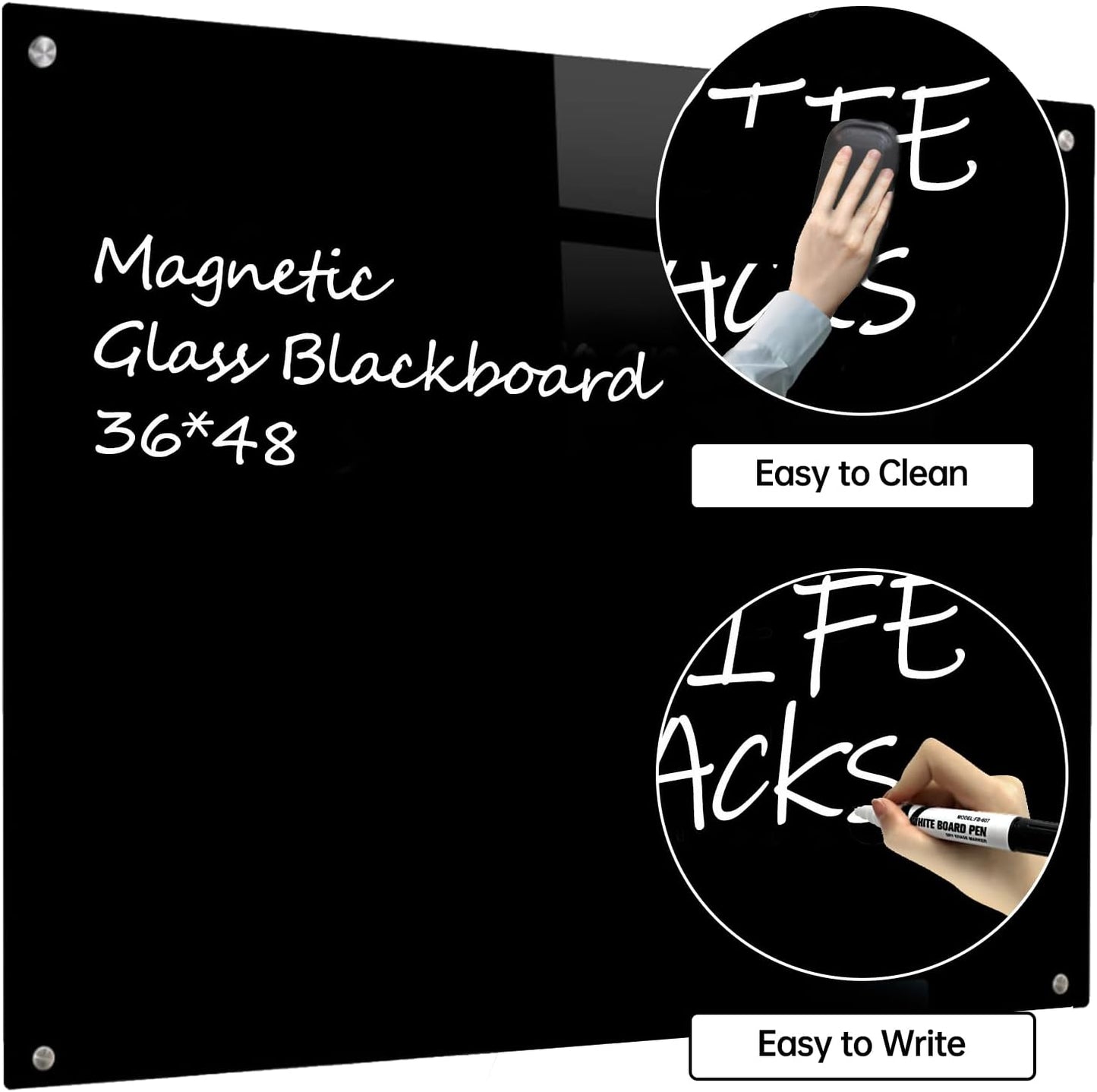 Glass Black Board Magnetic Dry Erase Board - Black Board 48 x 36 Inches Wall Mounted Glass Blackboard, Large Frameless Glass Black Board for Wall Office, Home & School