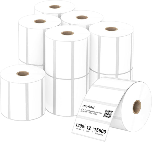 Compatible 3" x 1" Direct Thermal Labes Replacement for Barcodes Postage Address Shipping Compatible with Rollo & Zebra Desktop Printers Adhesive & Perforated (12 Rolls, 1300 Labels/Roll)