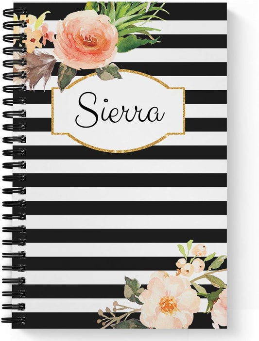 Classic Floral Personalized Notebook/Journal, Laminated Soft Cover, 120 pages of your selected paper, lay flat wire-o spiral. Size: 5.5” x 8.5”. Made in the USA