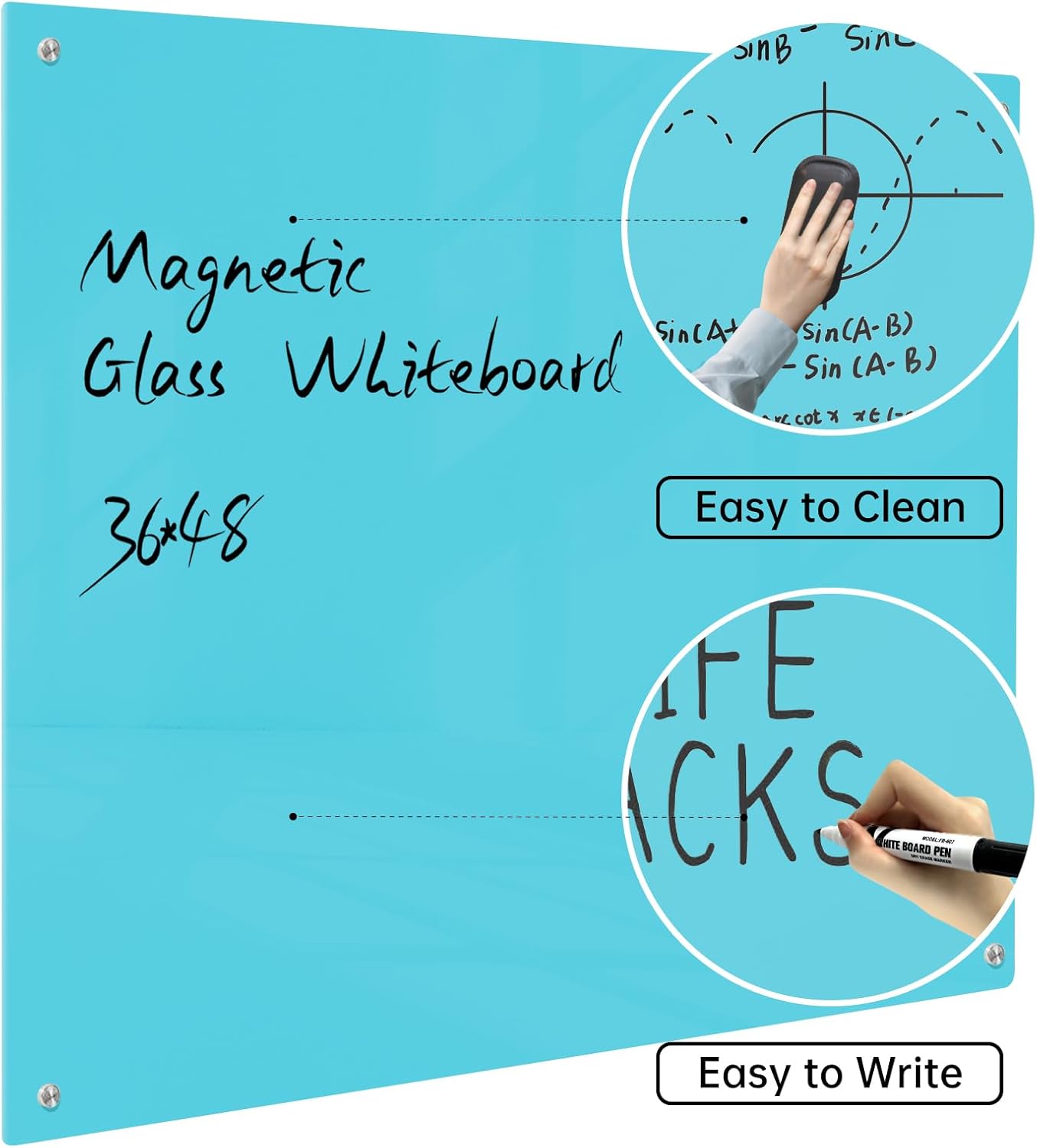 Magnetic Glass Dry Erase Board - White Board 48 x 36 Inch Wall Mounted Glass Whiteboard, Large Frameless Glass White Board for Wall Office, Home & School, Blue