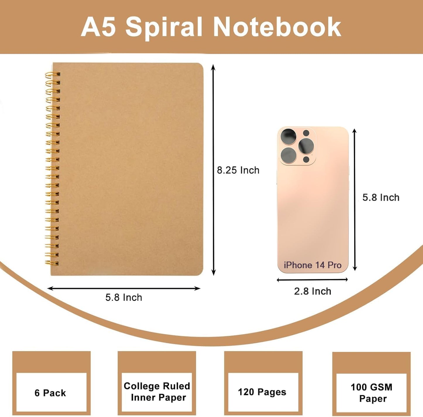 Ruled Spiral Notebook - 6 Pack Lined Notebooks for Work School - A5 Journals Bulk, Soft Cover Travel Journal Spiral for Writing Drawing, 8.2" X 5.8", 60 Sheets/120 Pages