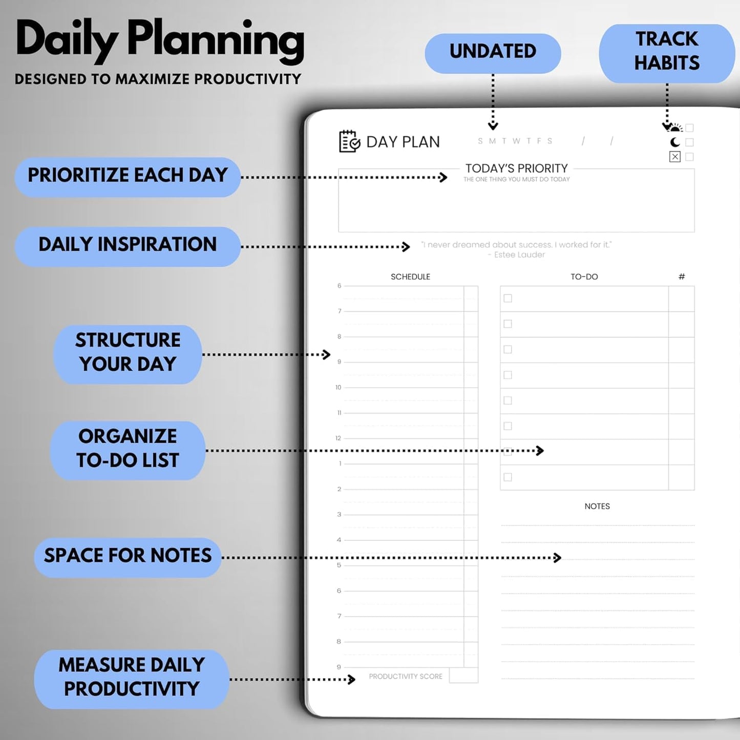 Undated Daily Planner – 3-Month A5 Productivity Organizer with Full Page Per Day, Hourly Schedule, Goal Setting, Habit Tracker, Weekly & Monthly Pages – Hardcover Time Management Notebook (Blue)