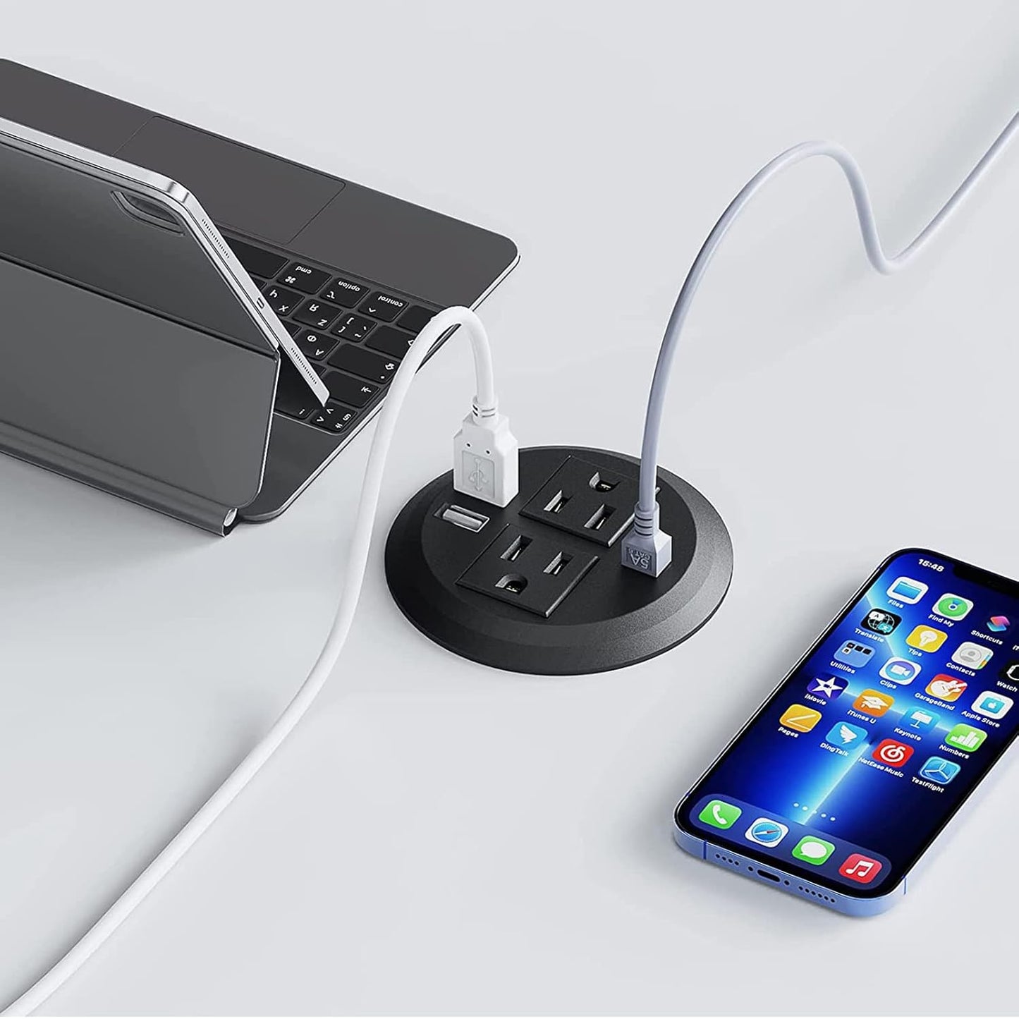 Power Grommet 3 Inch for Desktop, Recessed Desk Outlet with 2USB, 2 AC, 1 Network RJ45 Port & 10Ft Cord, Flush Mount Power Strip Table Power Hub for Countertop, Office, Furniture(Black)