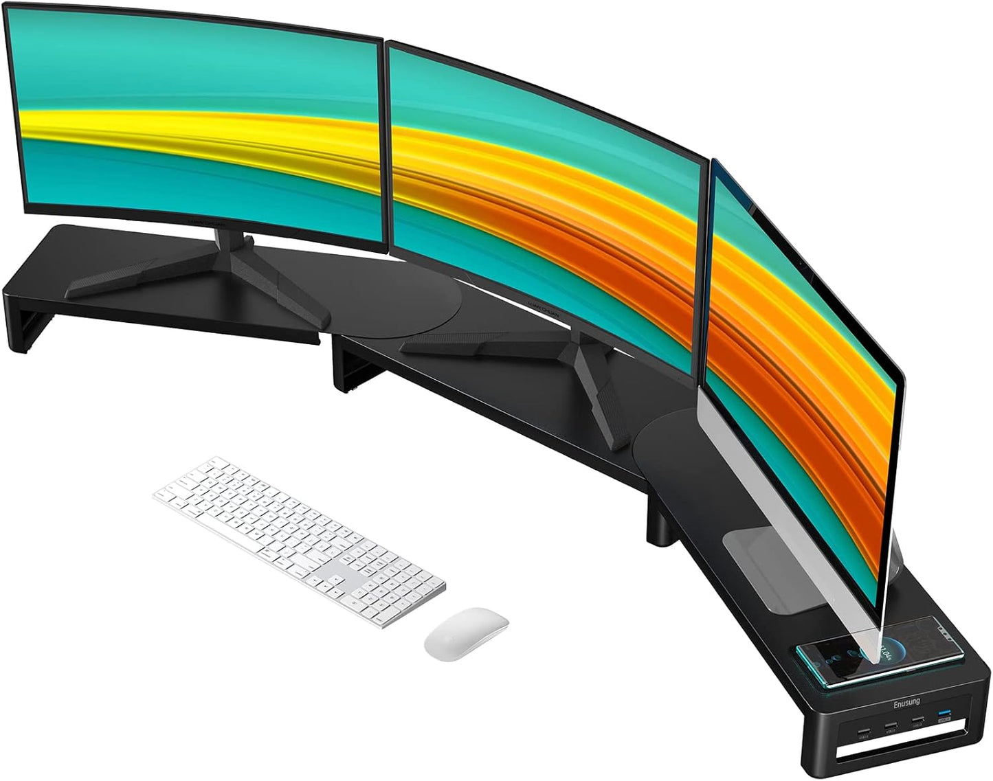 Monitor Stand with Wireless Charging and 4 USB Ports, Steel Monitor Stands for 3 Monitors, Metal Computer Stand Riser for Desk, Office, Laptop, PC up to 32 Inches (Black)