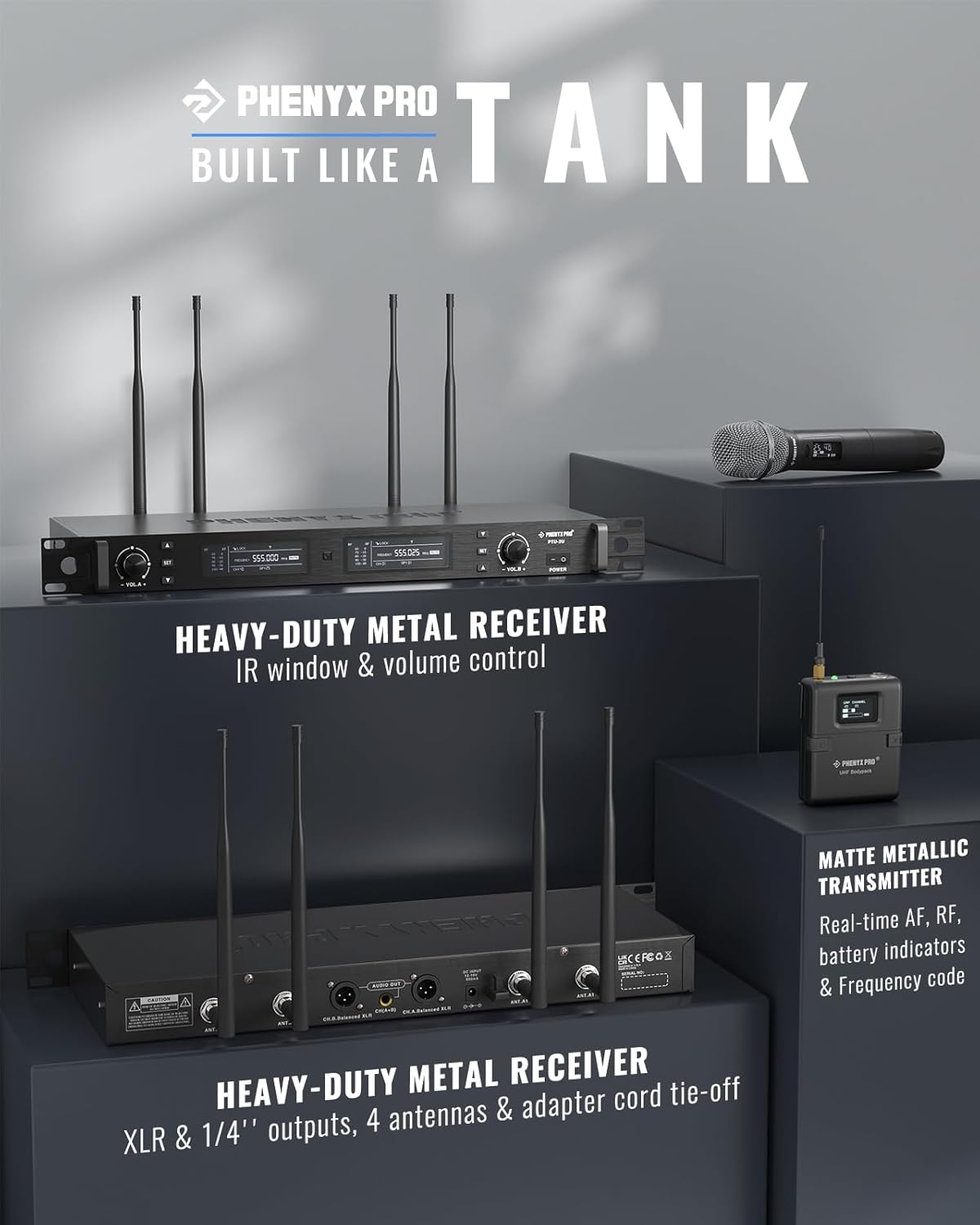 Phenyx Pro Wireless Microphone System, True Diversity Dual Cordless Microphone Set w/UHF Handheld/Bodypack/Headset/Lapel Mics, Auto Scan, 2x1000 Channels for Stage & Studio (PTU-2U-1H1B)