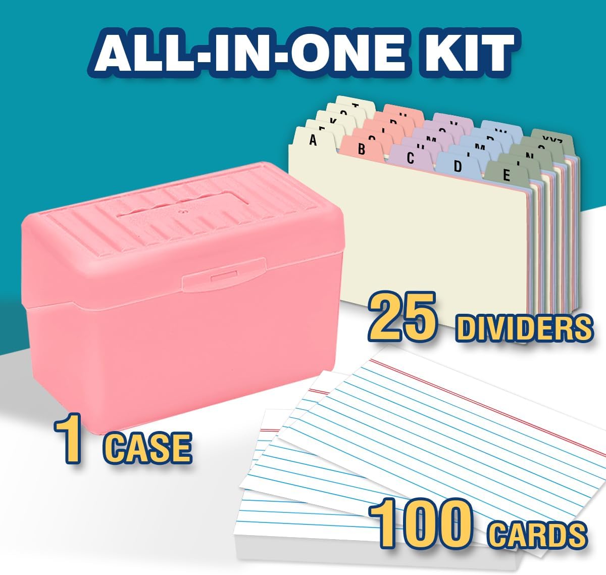 H4D 3x5 Index Card Holder with 100 Heavyweight Ruled Index Cards and 25 Plastic Dividers, Light Pink