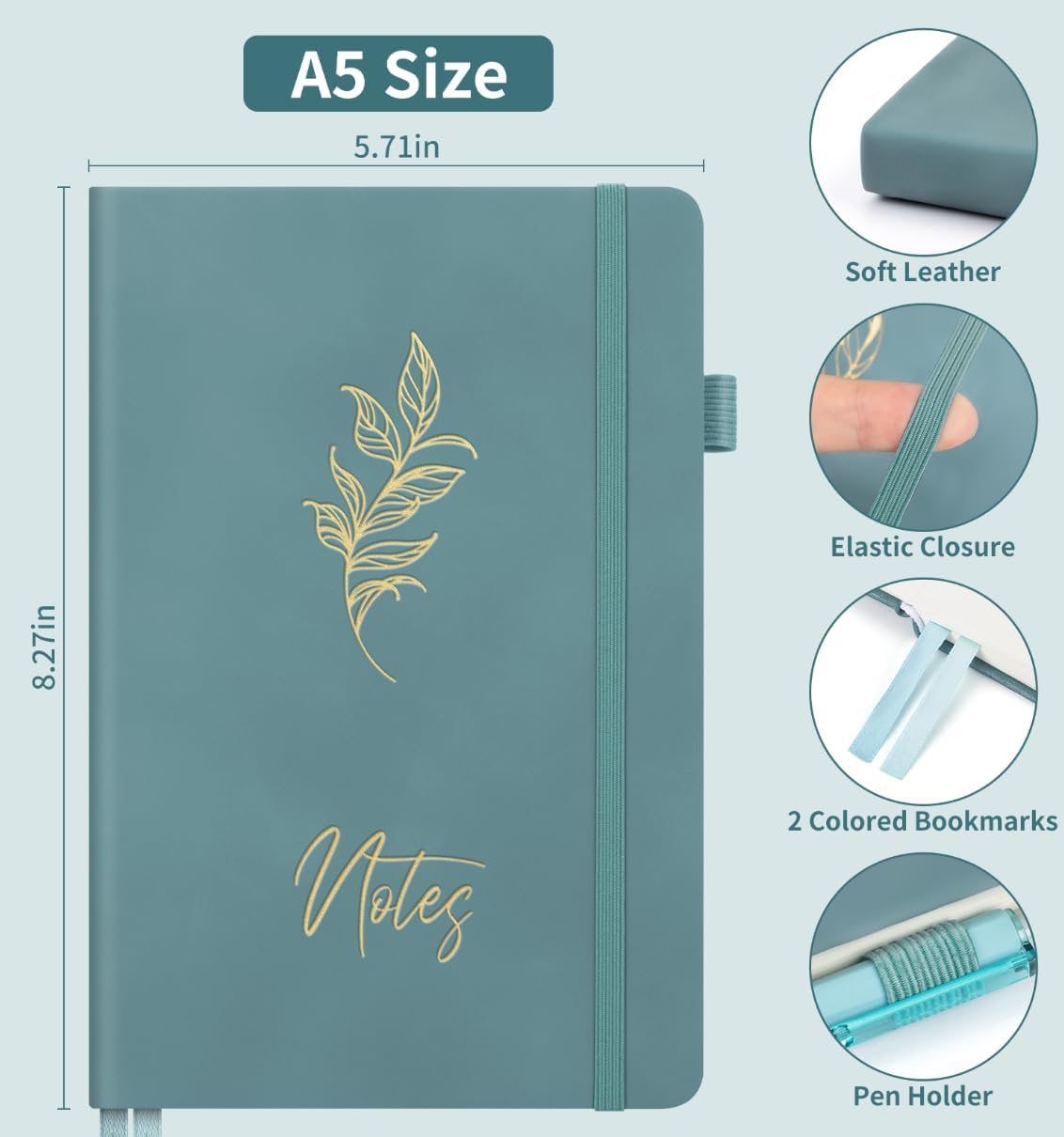 Lined Journal Notebook For Women Men, 200 Pages A5 Hardcover Leather Journals For Writing College Ruled Notebook For Work School Note Taking Business Diary Notepad 5.7'' X 8.3''- Aegean Blue