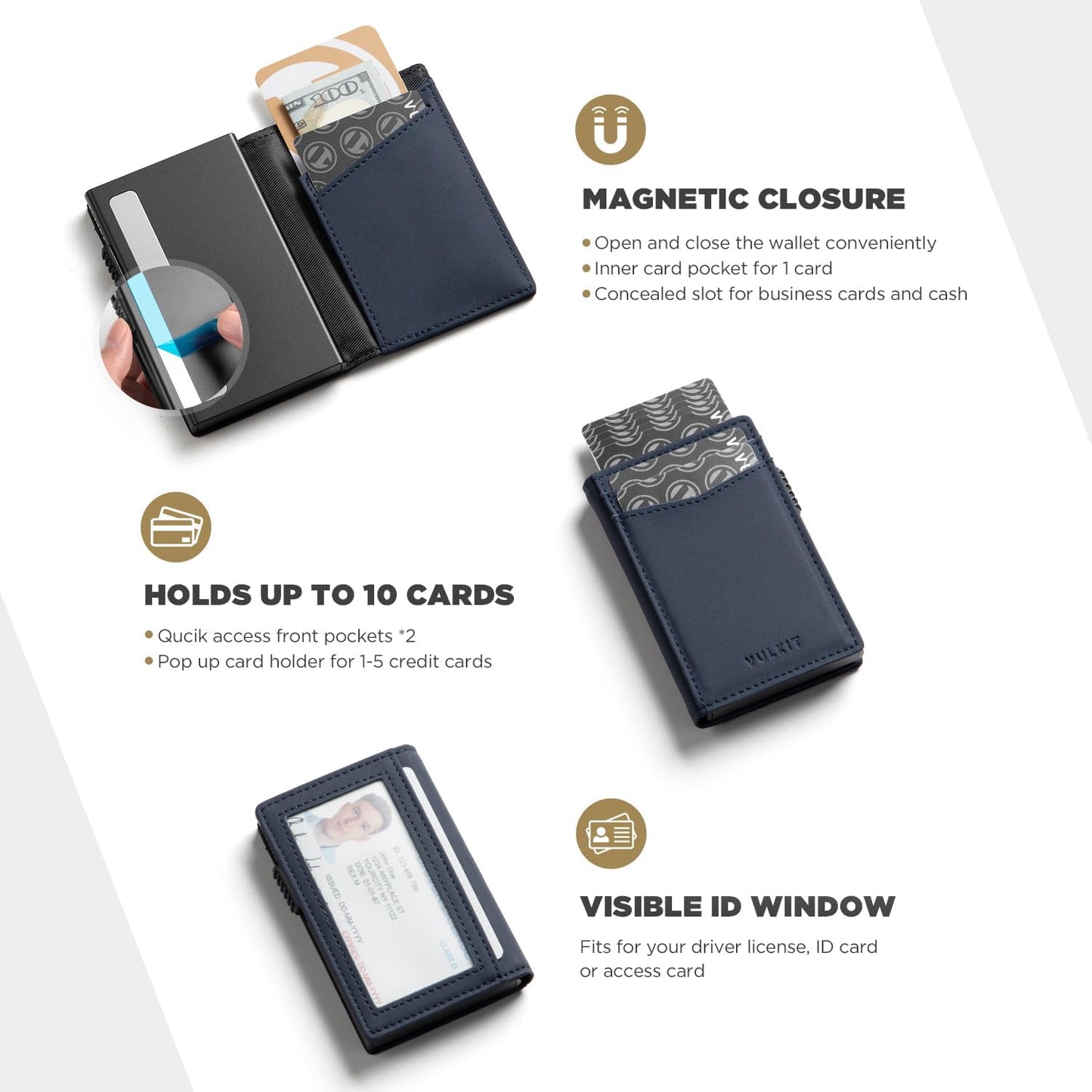 VULKIT Men's Wallet with ID Window Premium Leather Wallets RFID Blocking Minimalist Wallet Pop Up Card Holder Magnetic Closure