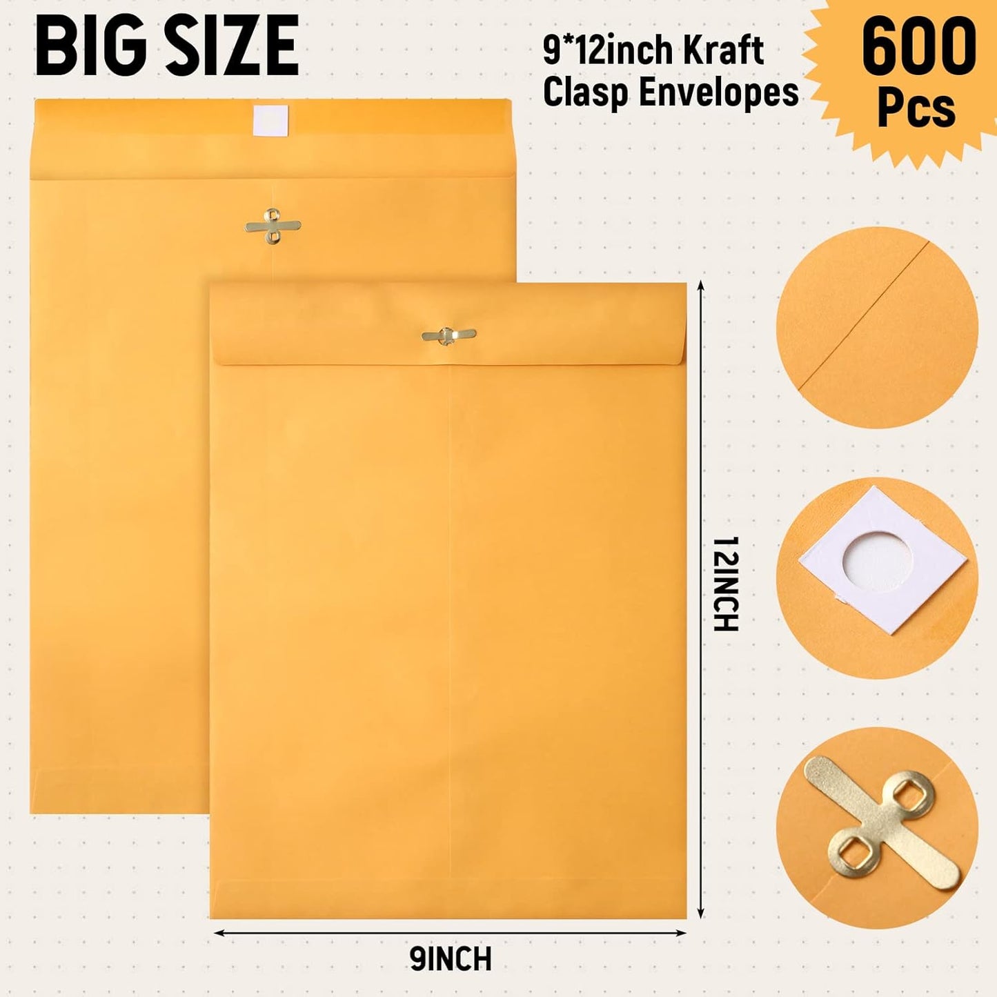 Ctosree 600 Pcs Manilla Envelopes Clasp Envelopes Bulk Brown Kraft Catalog Letter with Clasp Closure and Gummed Seal 28lb Heavyweight Paper (9 x 12 Inch)