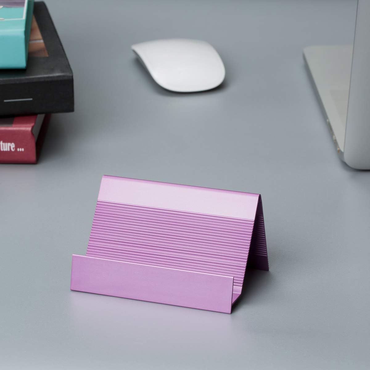 Business Card Holder Aluminum Business Card Display Stand Desktop Organizer, High-end New Series (Light Purple) 1 Pack