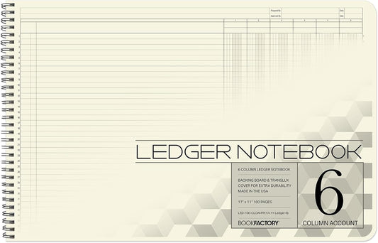 BookFactory Accounting Ledger Notebook/Large 6 Column Accounting Ledger Columnar (Six Columns) Log Book - 17'' x 11'', 100 Pages, Wire-O Landscape Format (LED-100-CLCW-PP(17x11-Ledger-6)-AX)
