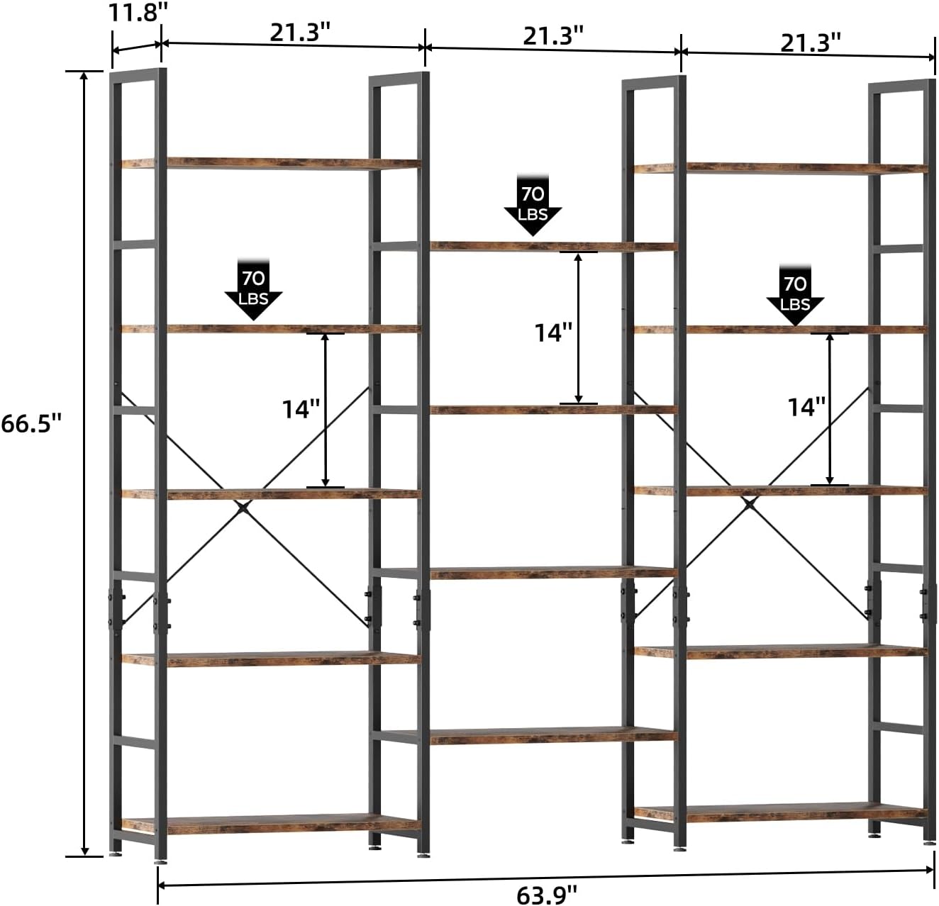 OTK Triple Wide 5 Tier Bookshelf, Rustic Industrial Style Bookcases with 14 Open Display Shelves, Wide Bookshelves for Bedroom, Living Room and Home Office, Rustic Brown
