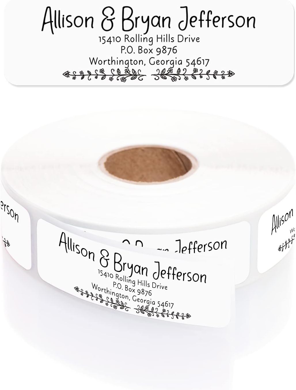 Black and White Botanical Rolled Address Labels / 500 Personalized Return Address Labels/Designer Address Stickers in Elegant Plastic Dispenser