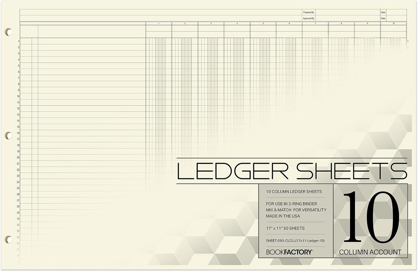 BookFactory Ledger Sheets/Large 10 Column Accounting Ledger Columnar (Ten Columns) Loose Leaf Paper - 17'' x 11'', 50 Pages, Loose Leaf, 3 Hole Punched (SHEET-050-CLCLL(17x11-Ledger-10)-AX)