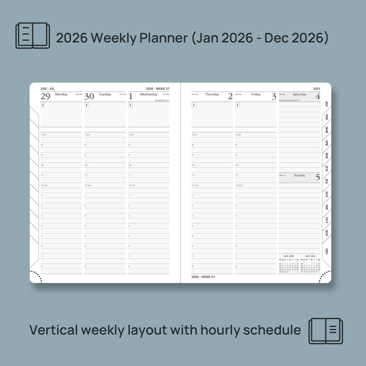 POPRUN 2026 Planner (Medium - 6.5'' x 8.5'') - 2026 Weekly Calendar ((Jan. 2026 - Dec. 2026) with Hourly Time Slots, Weekly/Monthly Appointment Book for Time Management - Leather Soft Cover - Grey