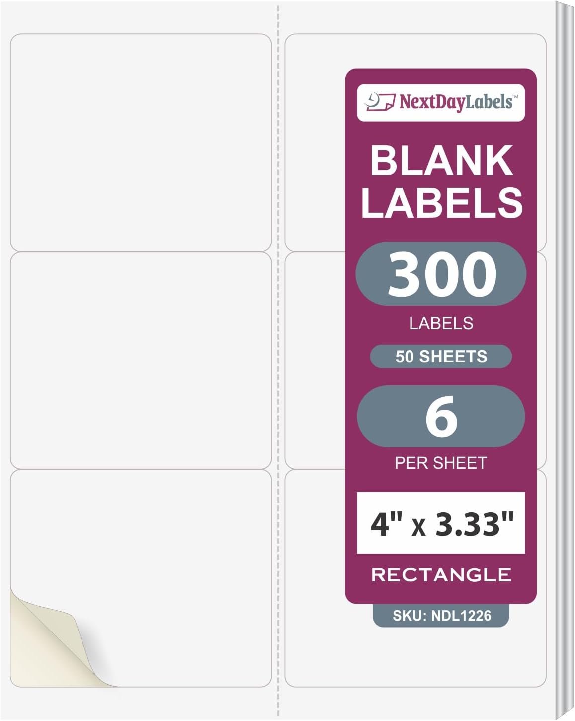 NextDayLabels – 4" x 3-1/3" Rectangular Sticker Labels for Printer - White Laser/Inkjet Printer Labels Return Address Labels Shipping Label Stickers (50 Sheets, 6 Per Sheet, 300 Labels)