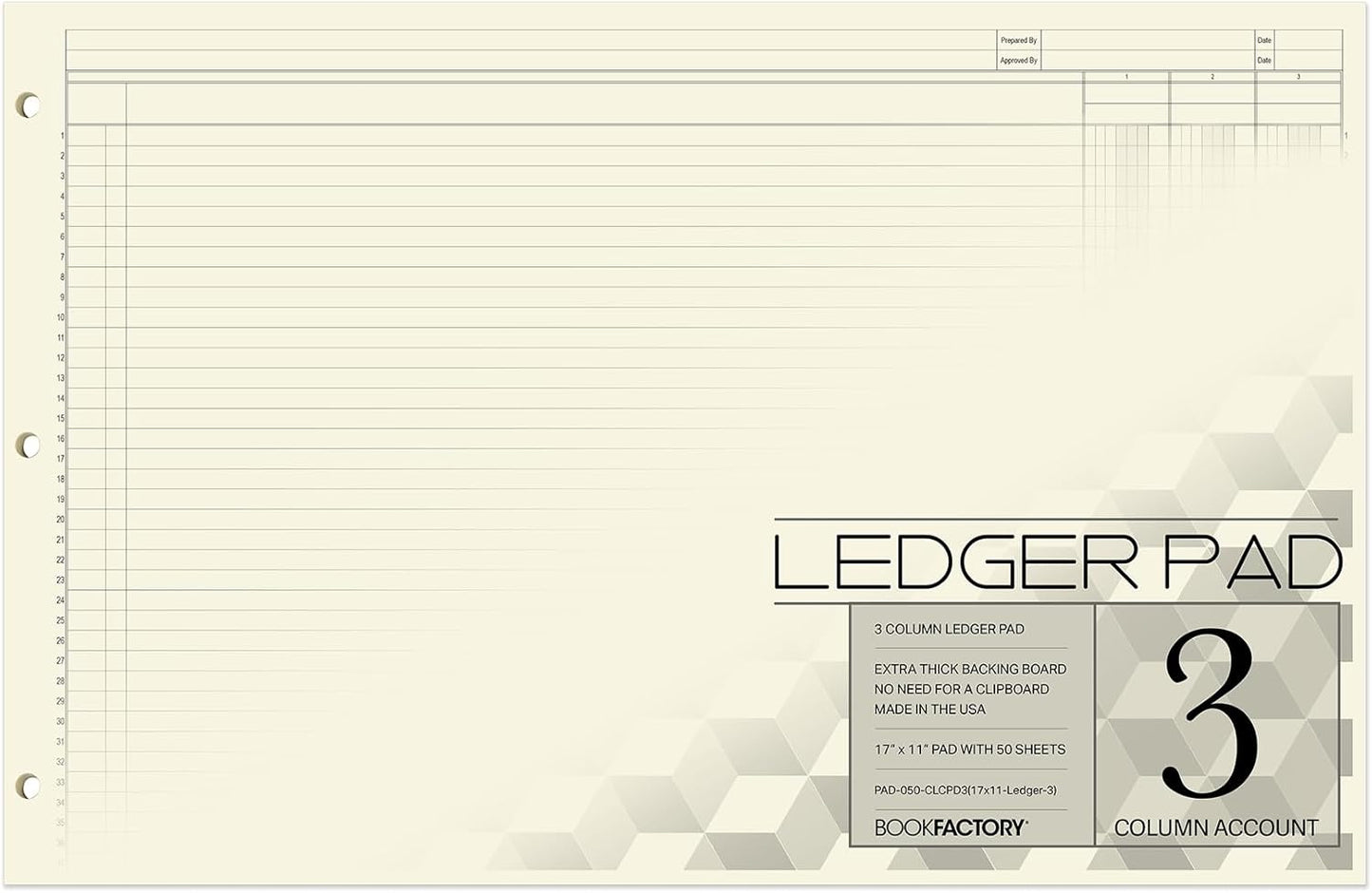 BookFactory Ledger Pad/Large 3 Column Accounting Ledger Columnar (Three Columns) Pads - 17'' x 11'', 50 Pages, Notepad Landscape Format (PAD-050-CLCPD3(17x11-Ledger-3))-AX)
